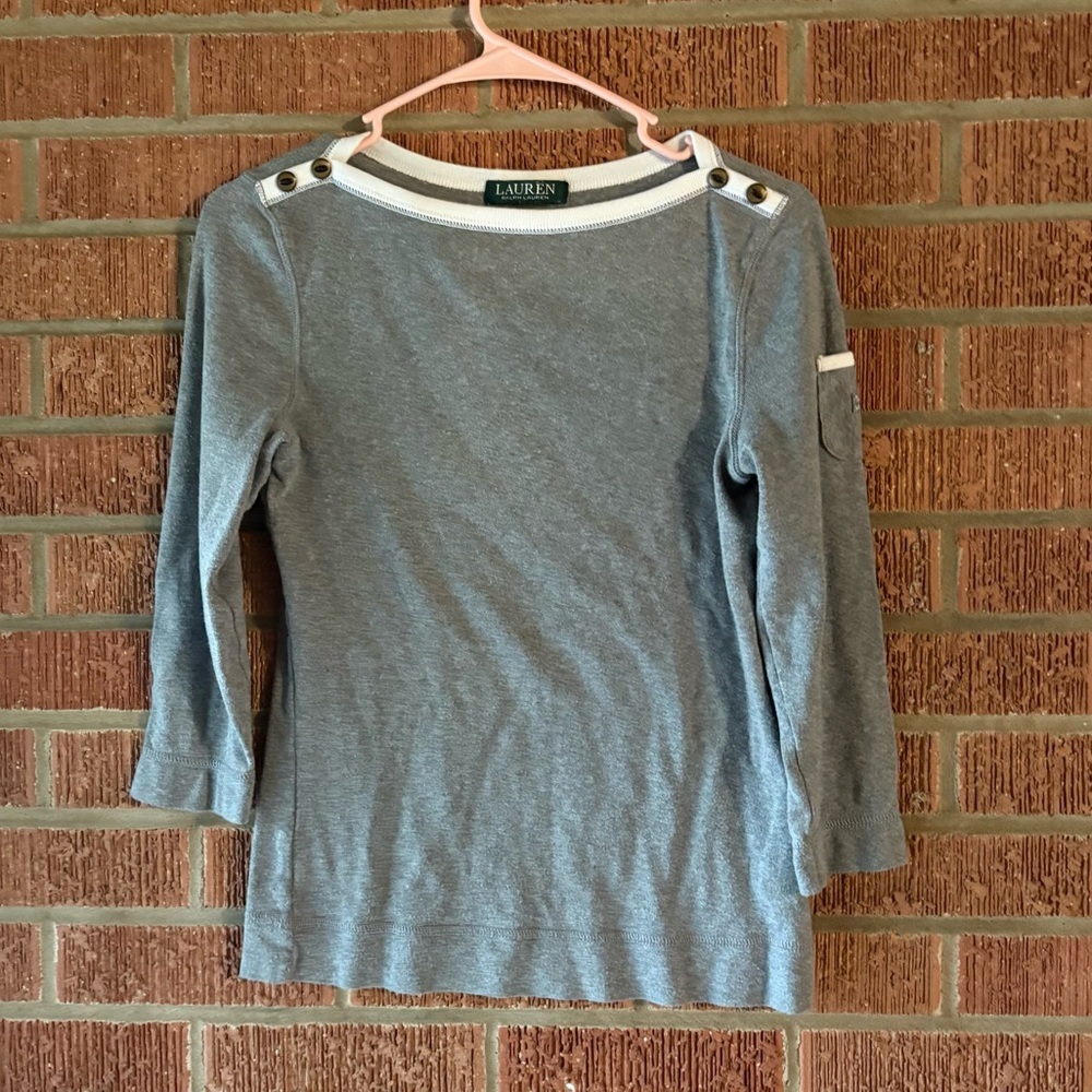Lauren Ralph Lauren Gray and White Baseball 3/4 Sleeve Scoop Neck Tee Size Small